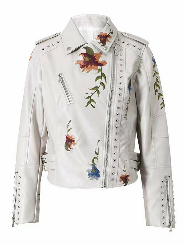 Jaquetas de couro falso para mulheres, bordado estampado floral, casacos de motociclista, rebite moto, vestuário punk preto, High Street, primavera e outono, 2022