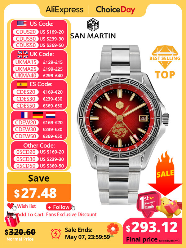 San Martin 2024 Jaar Van De Draak Limited Chinese Stijl 39Mm Mannen Horloge Nh34 Gmt Automatische Waterdichte 100M Lichtgevende Horloge Sn0129