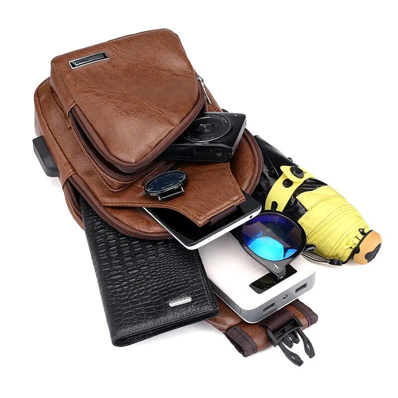Bolso de pecho con USB para Hombre, bandolera de cuero PU de diseñador, paquete de viaje