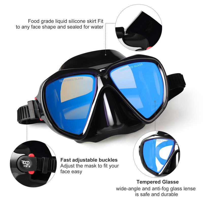 シュノーケリングとスキューバフリーダイビング用のPhotovisionプロフェッショナルダイビングマスク、強化メガネ付きの大人用シュノーケリングマスク