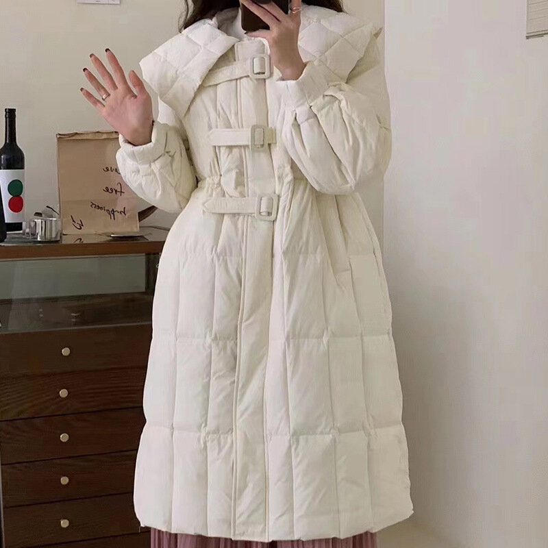Women's Chic Sailor Collar Long Sleeve White Duck Down Loose Coat Lady Streetwear Autumn Winter Keep Warm Dwon Padded Outwear