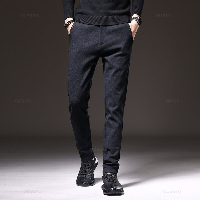 Celana panjang kain kasual pria, celana panjang katun hitam abu-abu biru tebal Slim Fit modis bisnis kuas empat musim