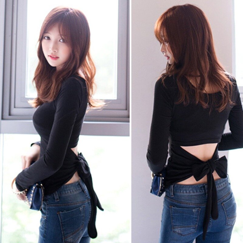 New Girl's Korea Style Tie Back Knit Backless Crewneck Sweater Long Sleeve Cropped Sweater Tops