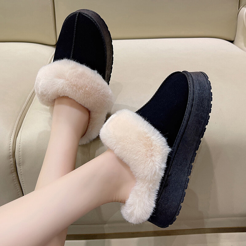 Zapatillas de algodón con plataforma gruesa de felpa para mujer, zapatos de tacón plano de piel, gamuza sintética esponjosa, invierno, 2023