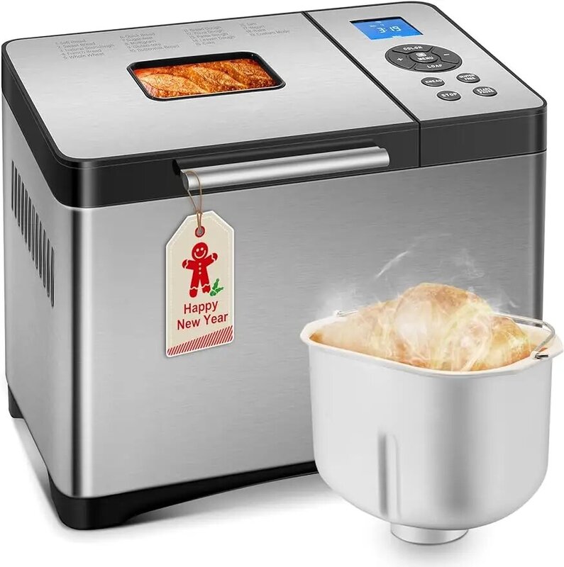 Maszyna do chleba 2 funty, stal nierdzewna 19 w 1 automatyczna maszyna do pieczenia chleba z nieprzywierającą ceramiczną patelnią, minutnik 15H i 1H trzymaj ciepło, chleb