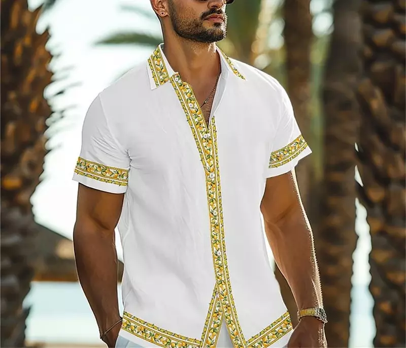 Patchwork 3D dos homens padrão camisa havaiana, botão para cima, manga curta, lapela, plus size, roupas de férias, novo, cor sólida, 2024