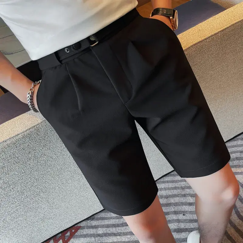 Повседневные Модные брюки средней длины, мужские летние укороченные брюки, облегающие однотонные Костюмные шорты в темную полоску