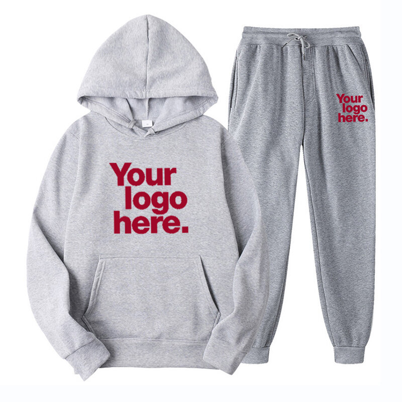2023 Set Hoodie Pria DIY Desain Logo Anda Mode Bertudung Pakaian Olahraga Pria 2 Buah Pullover Hoodie + Celana Olahraga