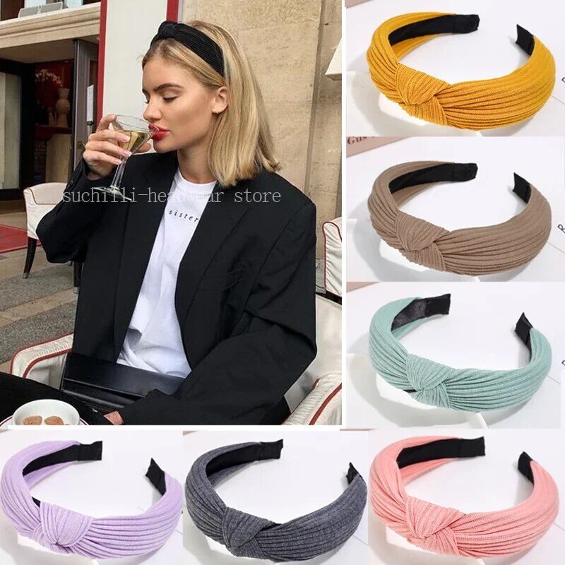 Women Bow Knot Hair Bands Knitted Wave Solid Color Wide Band Hair Hoop for Girls Headband Fashion Headwear Hair Accessories