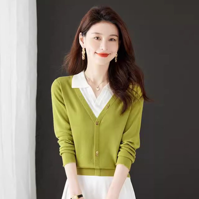 2024 Nieuwe Lente Herfst Vrouwen Trui Koreaanse Losse Lange Mouw Pullover Dames Laper Nep Twee Stukken Knited Tops Feminina Trui