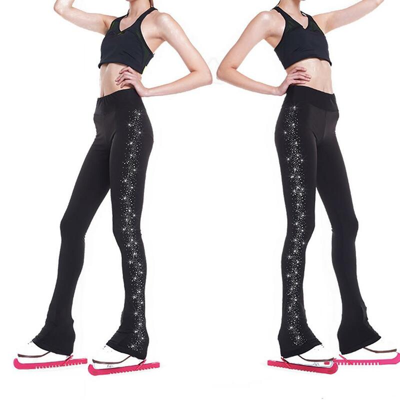 Women's Girls' Ice Figure Skating Training Clothes Long Pants Warm Tights Trousers with Rhinestones Dance Yoga Pants Trousers