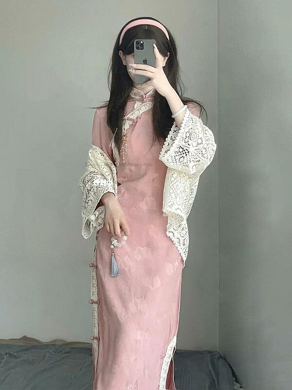 Rosa Spitze Kleid Frühling neue Frauen Kleid Republik China Kleid verbessert Cheong sam Dame Vestidos asiatischen Stil anmutigen Qipao