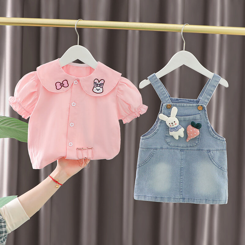 Set pakaian anak perempuan, baju Denim lucu rok jumpsuit 2 potong, setelan terusan gaun untuk bayi putri 5 tahun