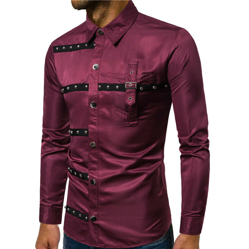 New Men's Shirt Vintage Rivet Stripe Lapel Long Sleeve Slim Shirts Streetwear Man Gothic Evening Dress Shirts Ropa Gotica Hombre