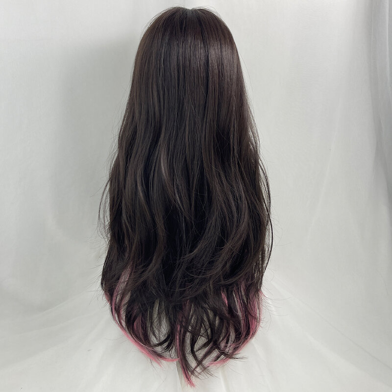 VICWIG Synthetic Long Wavy Ombre Black Pink Layered Blend Wig with Bangs Lolita Cosplay Women Fluffy Hair Wig for Daily Party