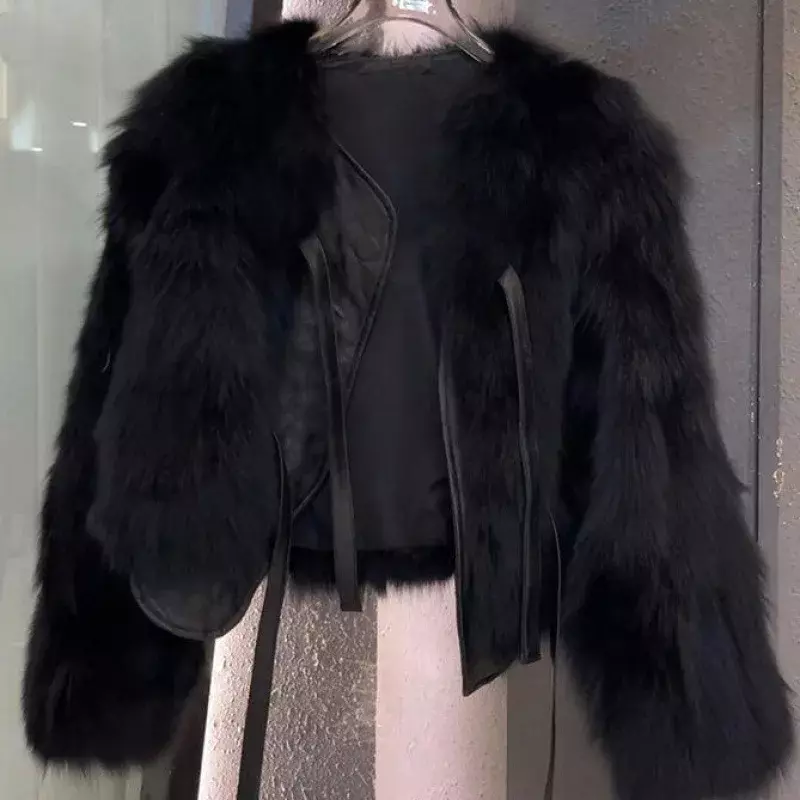 女性のための短い偽の毛皮のコート,暖かいレースのジャケット,キツネの毛皮,韓国のファッション,だぶだぶのぬいぐるみの服,豪華な冬