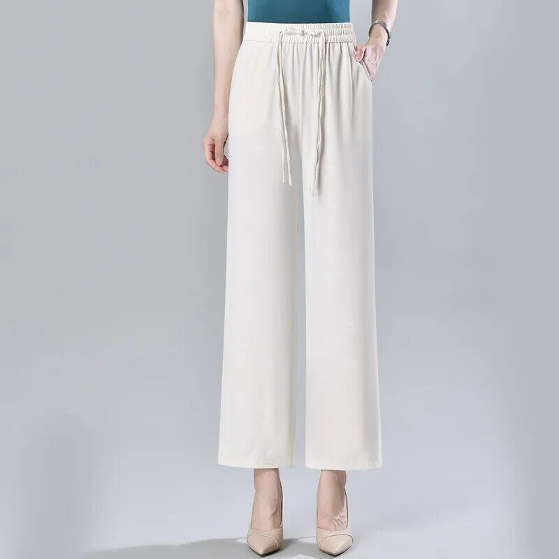 Calça feminina com renda floral, calça legal estilo coreano, cetim Y2K, reta, fina, seda gelada, verão, nova