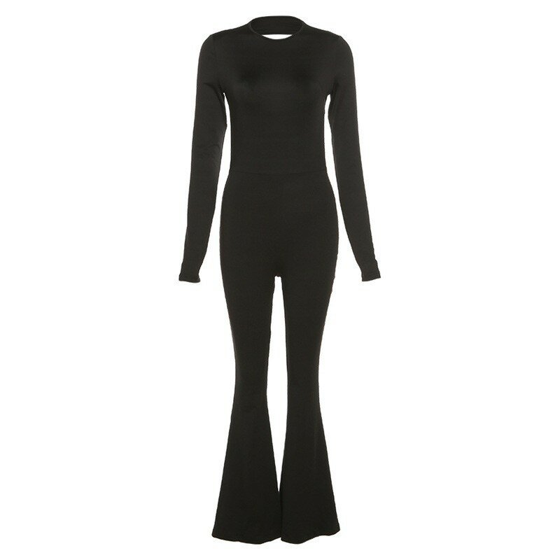 Costume de batterie basique noir uni pour femme, manches longues, licou, pantalon évasé dos nu, streetwear décontracté simple, mode estivale, Y2K
