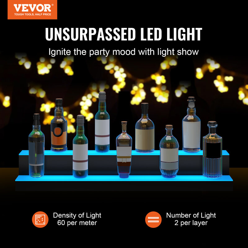 VEVOR LED Lighted Liquor Bottle Display, Illuminated Home Bar Shelf with RF Remote & App Control Acrylic Drinks Lighting Shelf