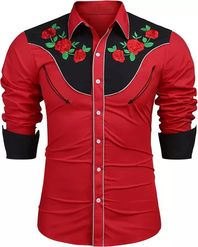 서양 부족 남성 긴팔 라펠 셔츠, HD 프린팅 장미 하이 퀄리티 소재, 부드럽고 편안한 파티 야외 패션, 신상