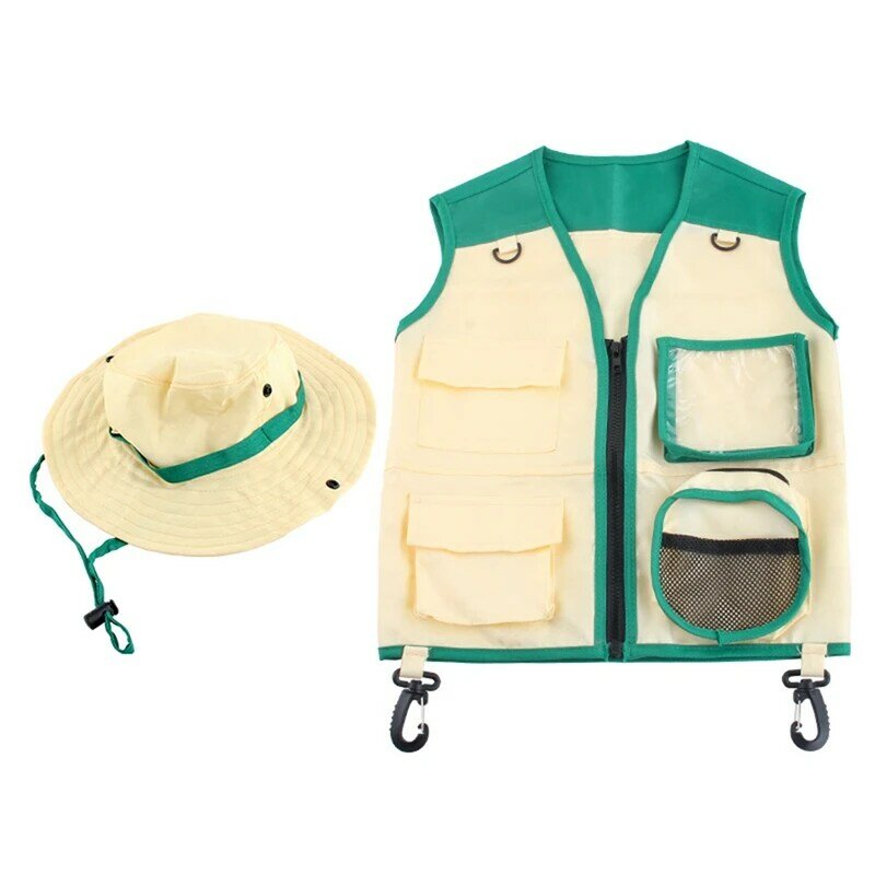 Kids Outdoor Adventure Explorer Kit Costume Vest And Hat Set Realize Children Career Dream Cosplay Gifts Green