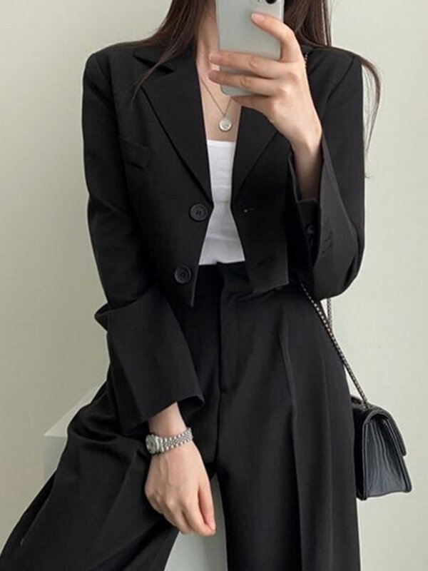 Conjuntos de trajes cortos coreanos para mujer, chaquetas cortas sueltas informales, Conjunto de pantalones de pierna ancha de cintura alta, traje de oficina