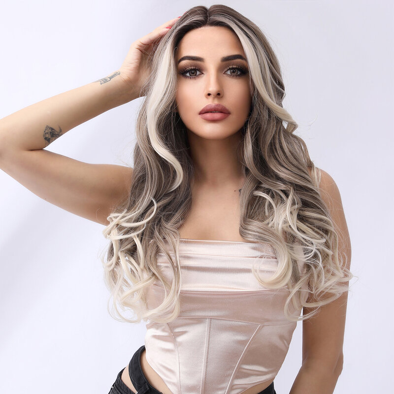 Smilco Omber Brown White Synthetic Lace Front Curly Wigs For Women Long Wave Invisible Lace Front Preplucked Wig Heat Resistant