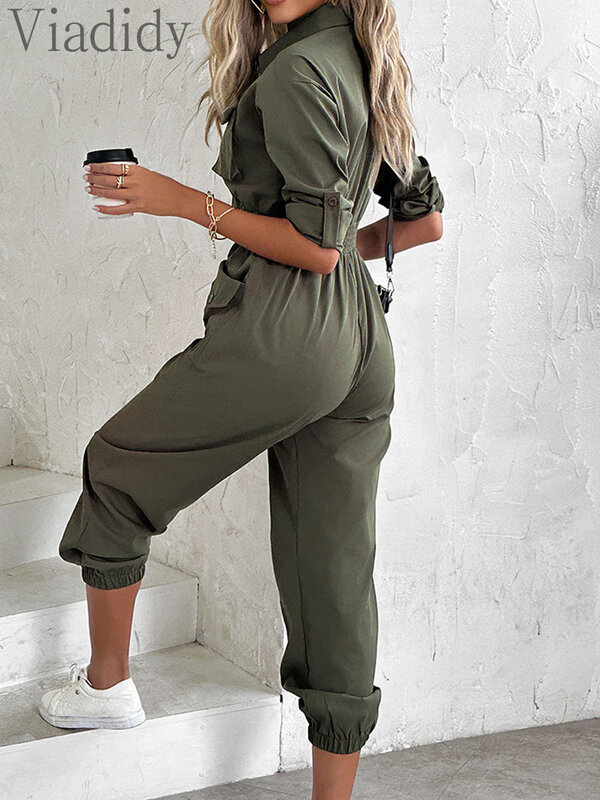 Women Casual Solid Color Long Sleeve Button Front Pockets Decor Jumpsuits