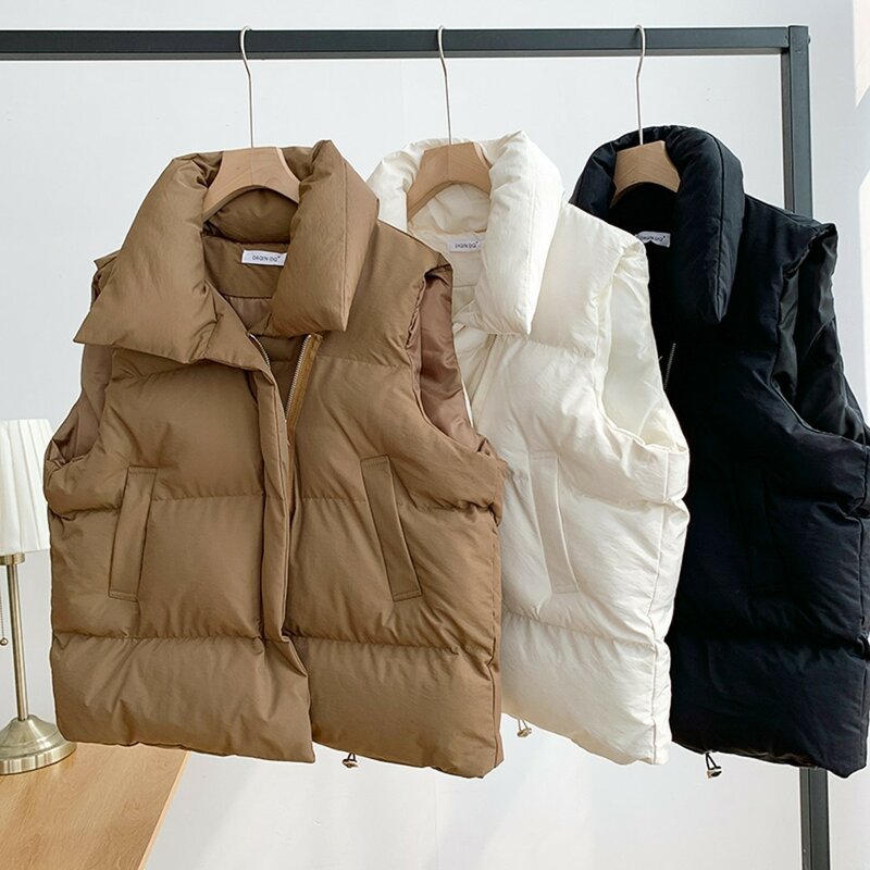 Colete de algodão feminino de gola alta, jaqueta sem mangas, colete outono-inverno, top coreano, novo, 2023