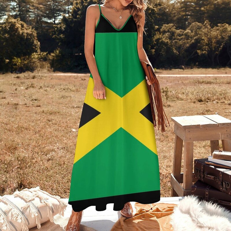 ชุดเดรสแขนกุดลายธงจาเมกาสำหรับผู้หญิงชุดราตรีฤดูร้อนชุดเกาะอก
