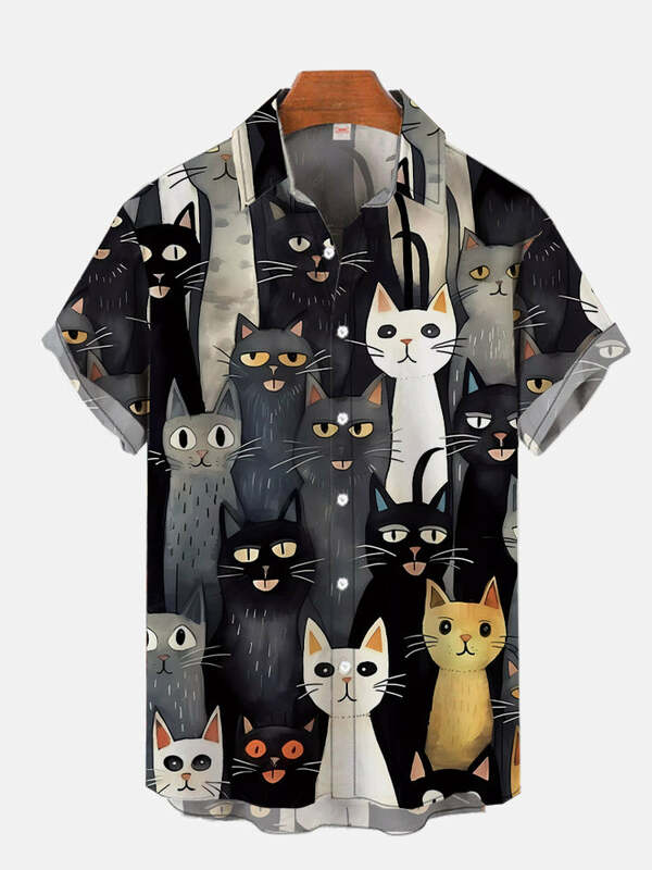 Camisa corta con estampado de gato para vacaciones, Blusa de flores Harajuku para mascotas, ropa de calle informal Vintage, ropa de playa hawaiana, Camisas ajustadas