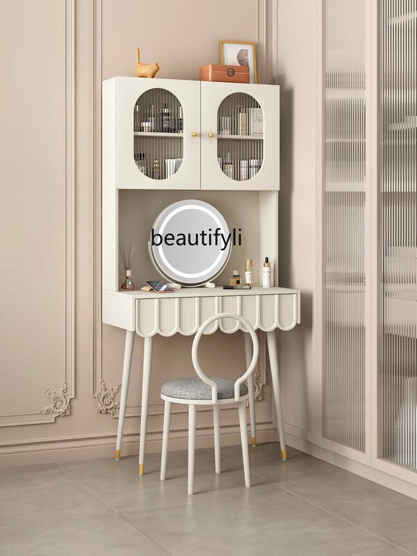 Tocador de estilo crema francés, mesa de maquillaje de dormitorio minimalista moderna integrada, almacenamiento
