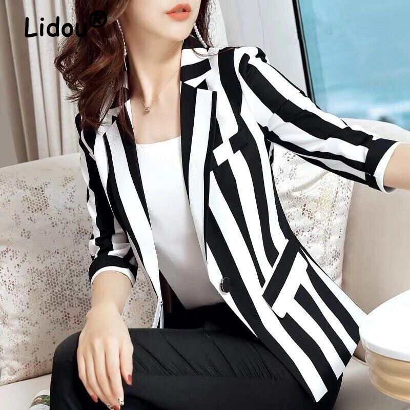 2022 Spring Autumn Women Fashion Temperament Striped Slim Office Lady Business Suit Elegant Pockets Notched Blazers Jackets Coat