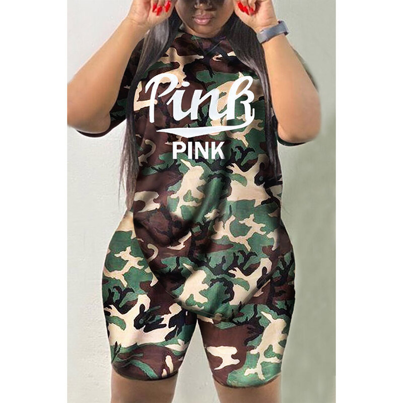 Plus Size Daily Short Set Army Green Camo Spring Summer Round Neck Short Sleeve Two Piece Short Set