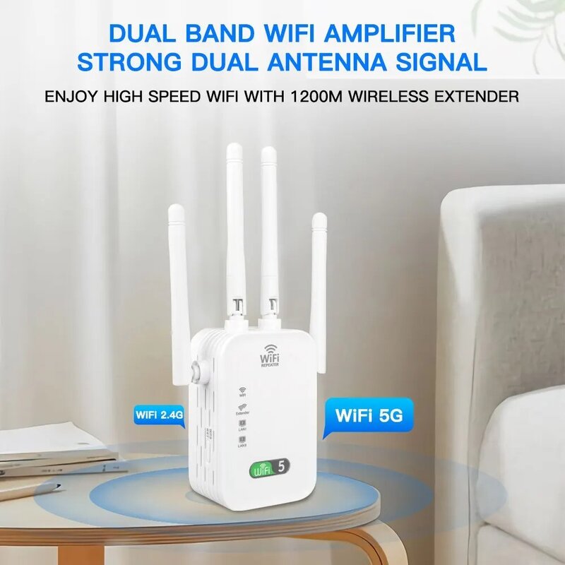Dual Band WiFi Repetidor Router, Amplificador Sem Fio, 2.4G, Placa de Rede 5GHz, Long Range Signal Booster para Casa, Escritório, PC, 1200Mbps