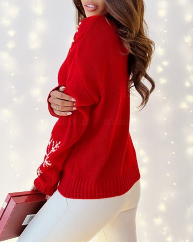 Suéteres de cuello alto para mujer, suéter de punto informal con patrón de copo de nieve de Navidad, ropa de invierno, 2023