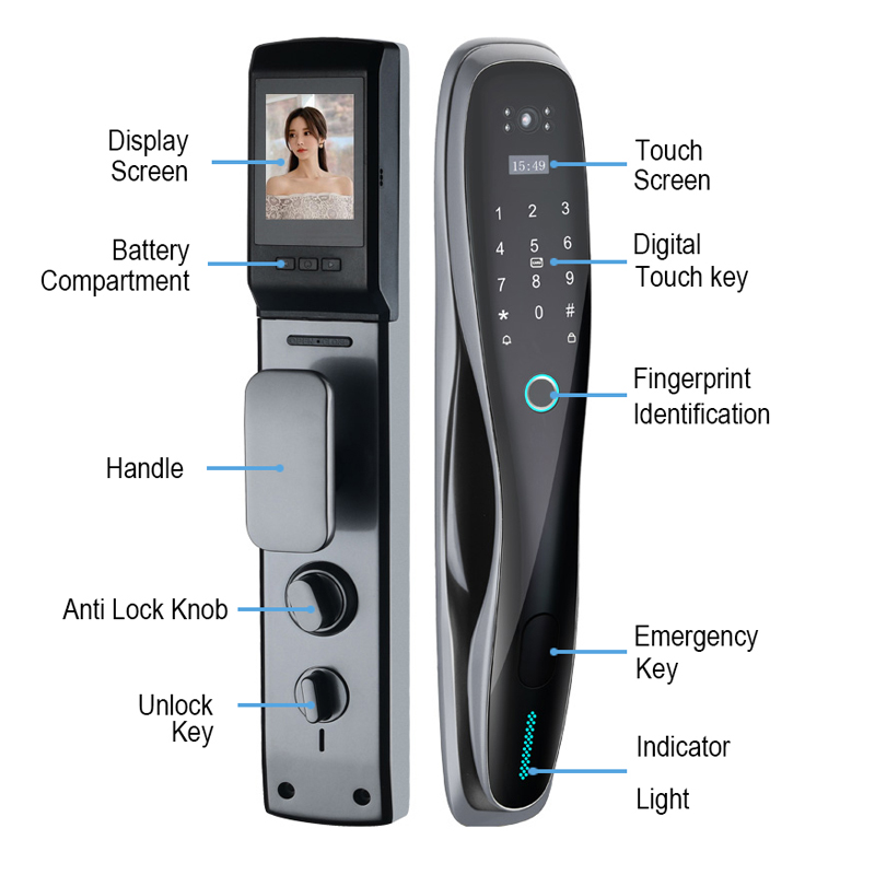 Tuya kunci silinder monitor, kunci akses pintu geser sentuhan wajah 3D alarma cerradura inteligente dengan kamera