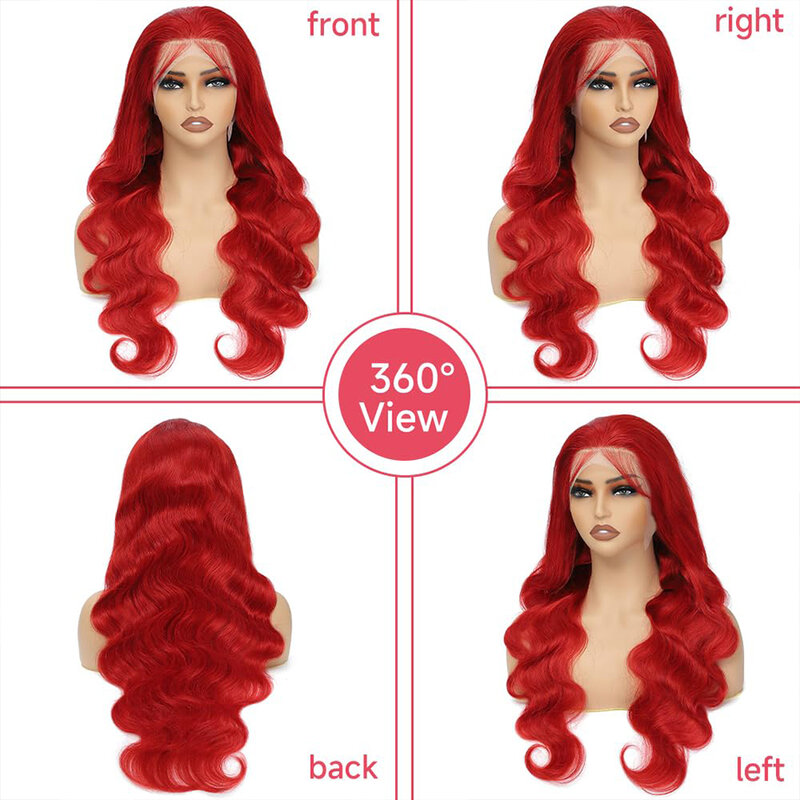 Onda do corpo Lace Front Wig, cabelo humano colorido, vermelho brilhante, 180% Densidade, 22 ", 13x4