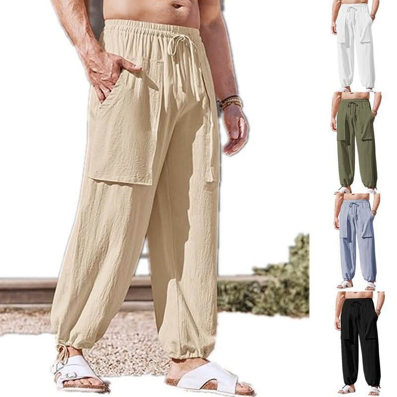 2024 celana panjang kasual untuk pria, celana panjang kasual linen katun kasual banyak saku, celana kaki tali serut longgar untuk pria