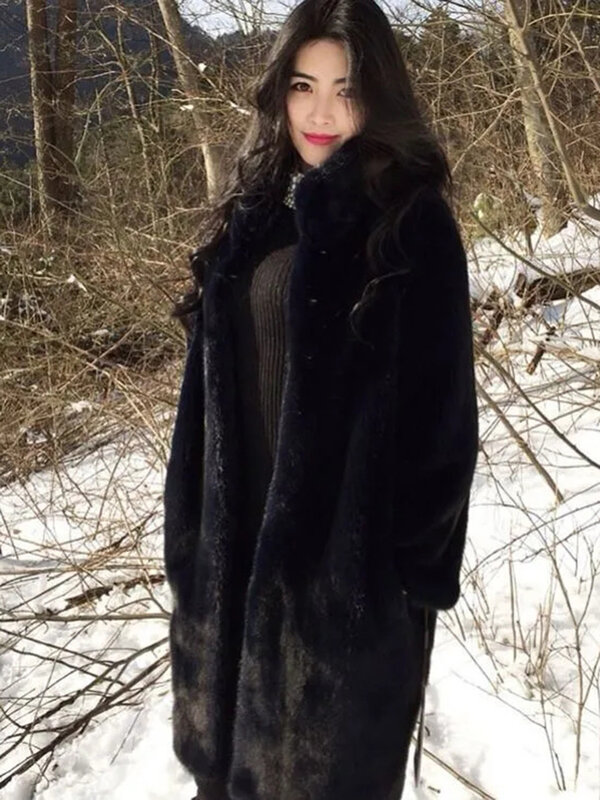 Зимнее плотное теплое пальто с воротником-стойкой средней длины из искусственной норки, однотонное простое Свободное пальто, женская элегантная Роскошная верхняя одежда