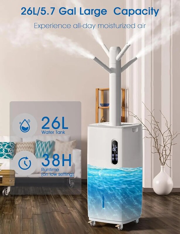 2024 New 26L Humidifiers for Bedroom，2000ml/H Ultrasonic Cool Mist Humidifier for Baby & Plant with 6 Adjustable Mist Levels,USA