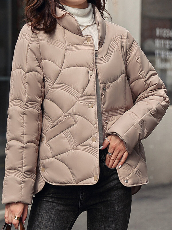Chaqueta de plumón para mujer, abrigo de moda coreana, parka cálida con cuello alto, elegante e informal, de manga larga, color liso, para invierno