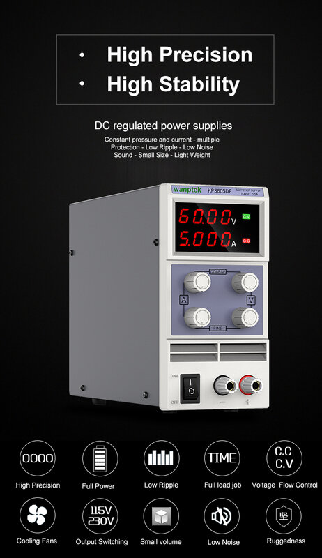 KPS-605DF 실험실 스위칭 전원 공급 장치, DC 안정화 전원 공급 장치, 0-60V, 0-5A, 110V, 220V 조정 가능