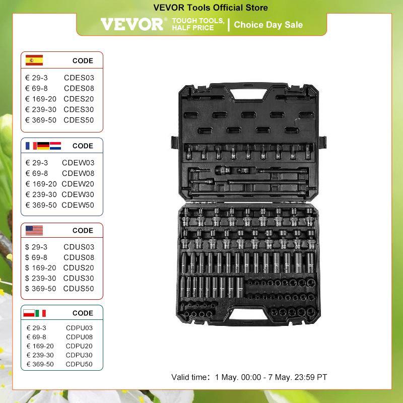 VEVOR 1/2" 3/8" Drive Impact Socket Set 13/23/33/34/48/65/90PCs SAE or Metric Cr-V/Cr-Mo Socket Set 6 Point Alloy Steel Repair