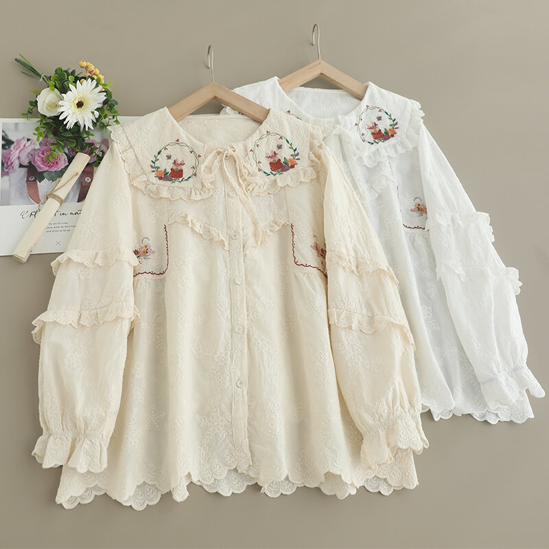 Spring Sweet Peter Pan Collar Embroidered Shirt Women Long Sleeve Single Breasted Casual Tops 824-638