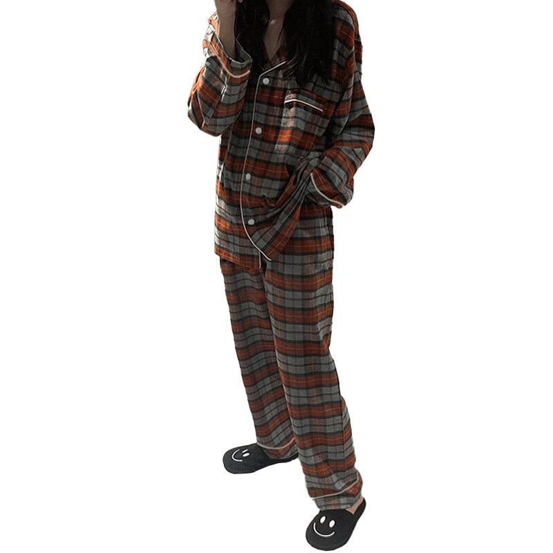 Dames Pyjama Sets Lente Zomer Herfst 2 Stuk Geruite Print Pyjama Broek Nachtkleding Lange Mouw Knopen Pijama Mujer Pjs Homewear