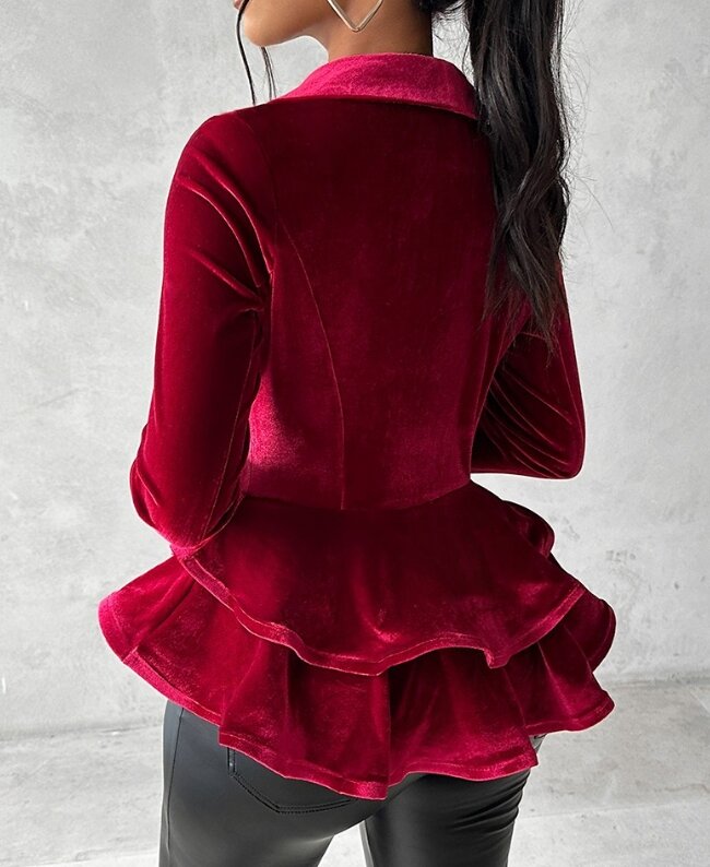 Women's Jacket 2023 Hot Selling Autumn Elegant Long Sleeve Notched Double Breasted Velvet Ruffles Work Blazer Temperamen Coat
