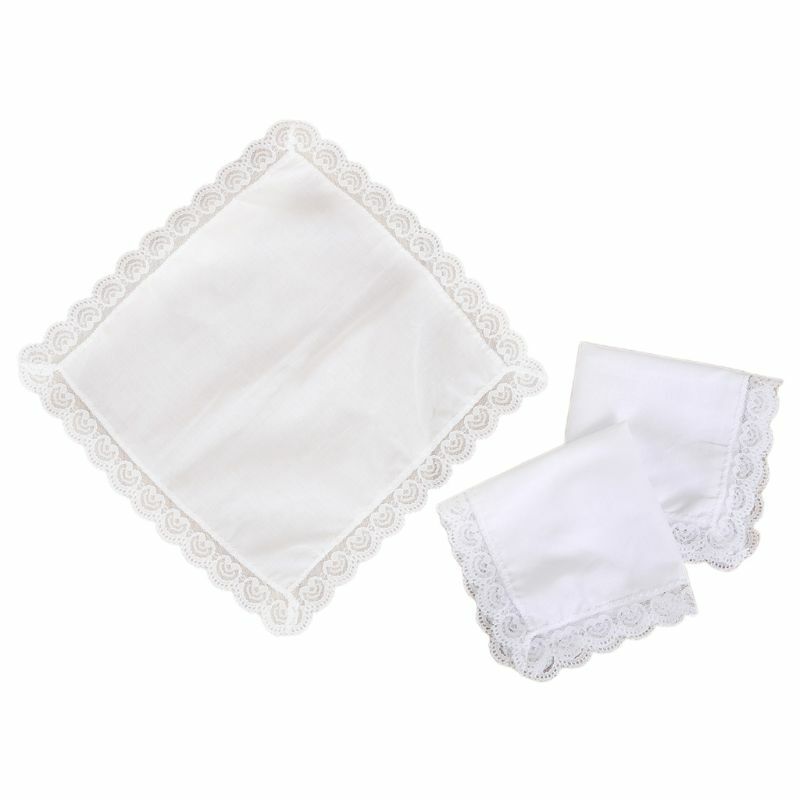  25x25cm Women Plain White Square Handkerchiefs Crochet Peach Heart Scalloped Lace Trim Bridal Wedding DIY Cotton Napkin