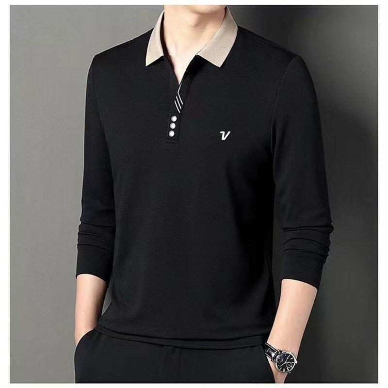 2024 new men's solid color golf lapel Polo shirt spring and autumn fashion casual golf shirt slim long sleeve golf T-shirt 4XL
