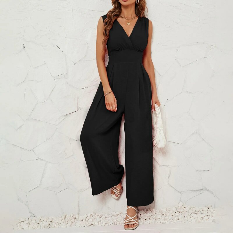 2024 New Sexy Slim Jumpsuits High Waist Sleeveless V Neck Pleated Wide Leg Pants Women For Fashion Summer Streetwear Rompers